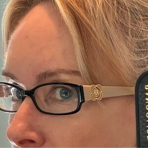 Authentic Chanel Elegant Beige and Black Camellia Accent Reading Glasses